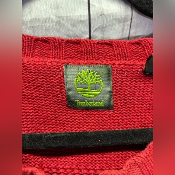 Timberland Red Cable Knit Sweater 100% Cotton Heavy Ribbed Weave Pullover XL - Picture 7 of 7